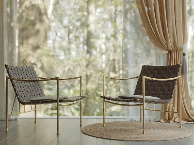 Woven Accent Chairs With Golden Legs By Window Curtains On Wooden Floor And Rug 3d model