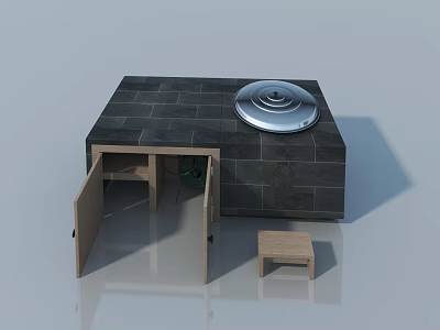 Open Swing Door With Black Stone Wall And Silver Circular Lid Near Small Wooden Stool 3d model