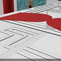Red Sportswear Store Interior With White Seats And Female Customer Shopping Fitness Apparel
