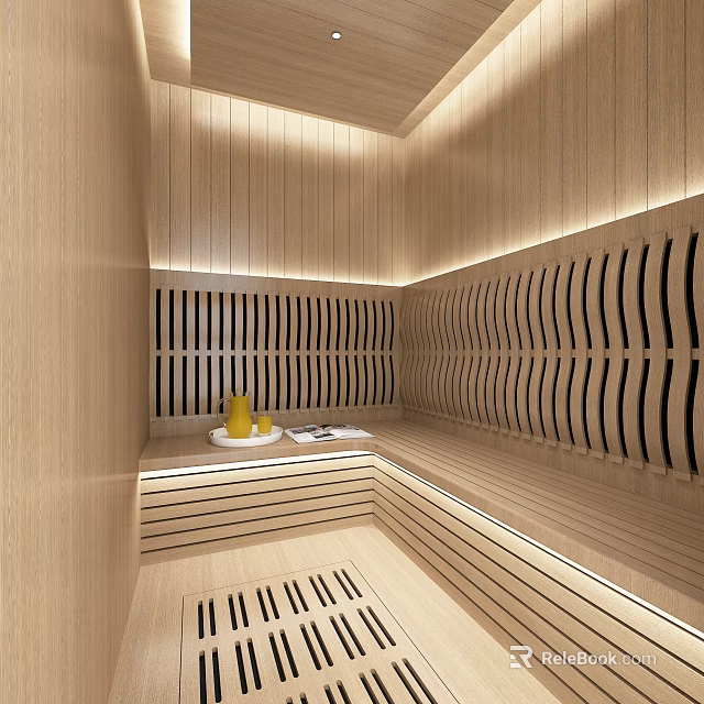 Modern SPA Sauna Interior Design With Wooden Panel Walls Bench Seating And Ambient Lighting 3d model 