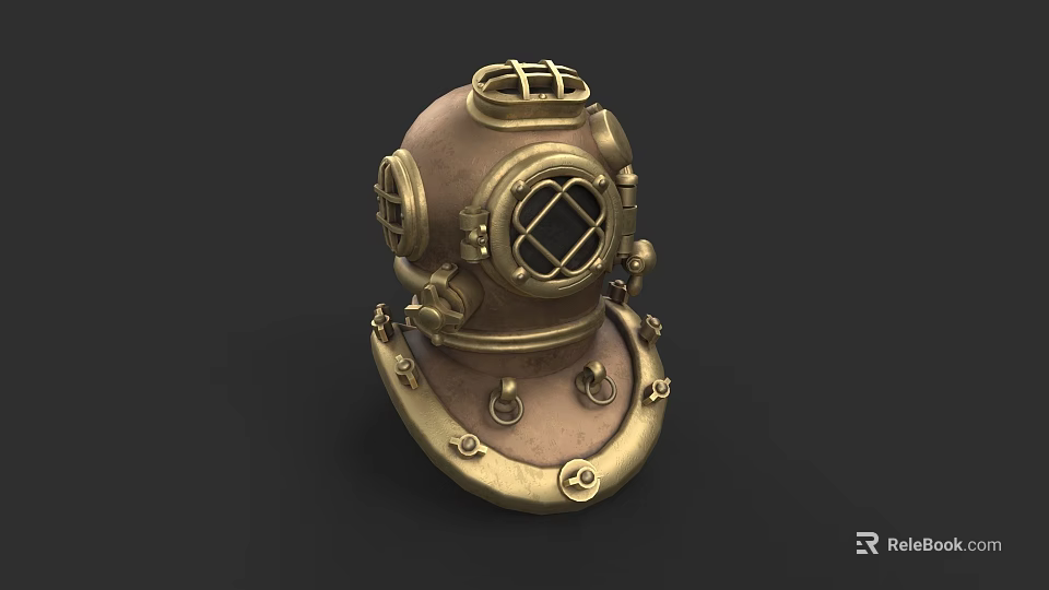 Detailed Vintage Diving Helmet Sculpture with Brass Accents and Glass Viewport 3d model 