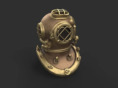 Detailed Vintage Diving Helmet Sculpture with Brass Accents and Glass Viewport 3d model