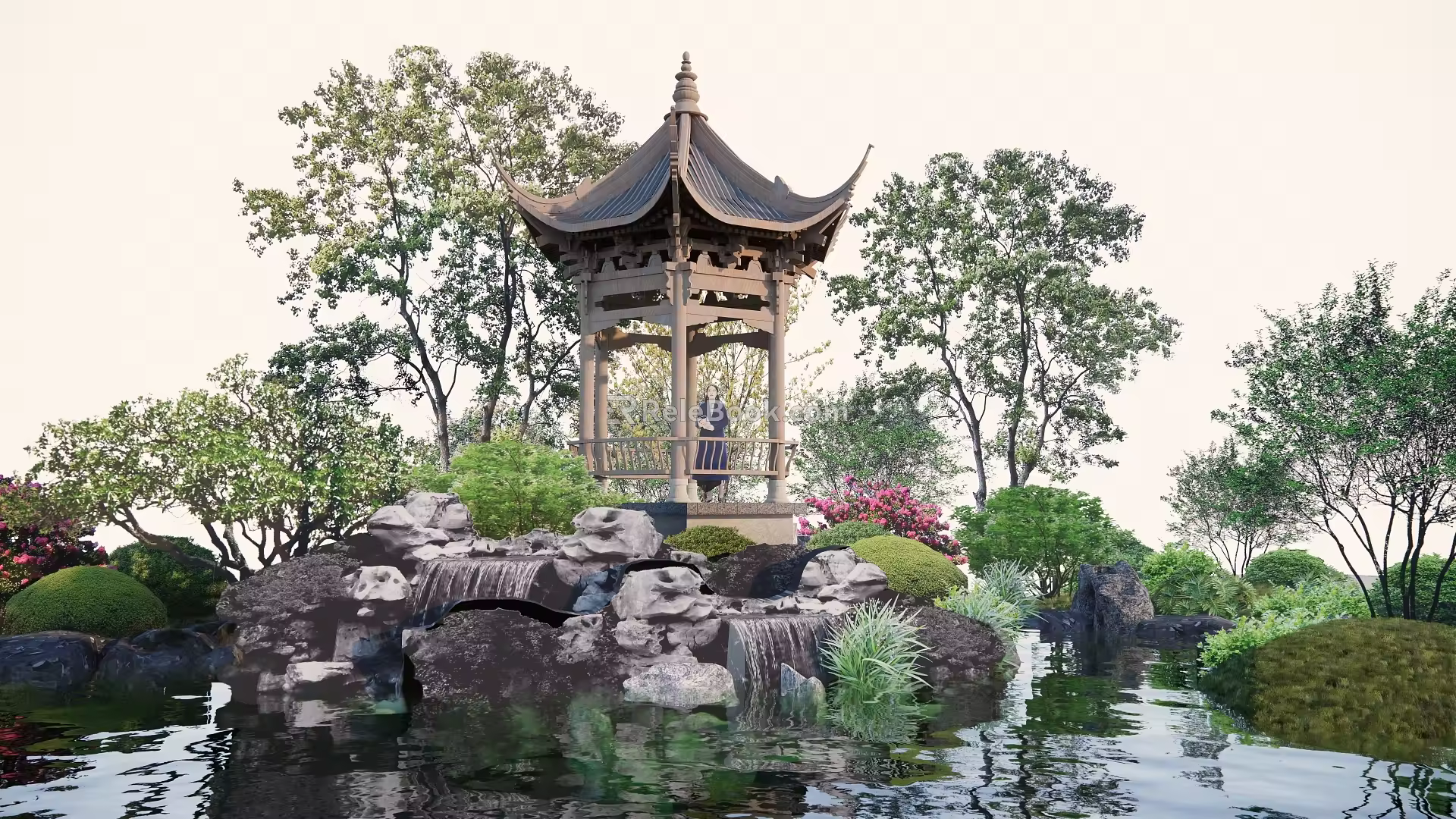 Chinese-style pavilion rockery hexagonal pavilion plant 3d model