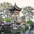 Chinese-style pavilion rockery hexagonal pavilion plant 3d model