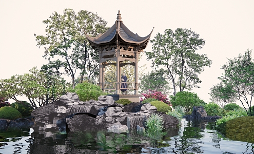 Chinese-style pavilion rockery hexagonal pavilion plant 3d model