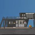 Modern Shipping Container Coffee Shop With Staircase And Outdoor Seating Area