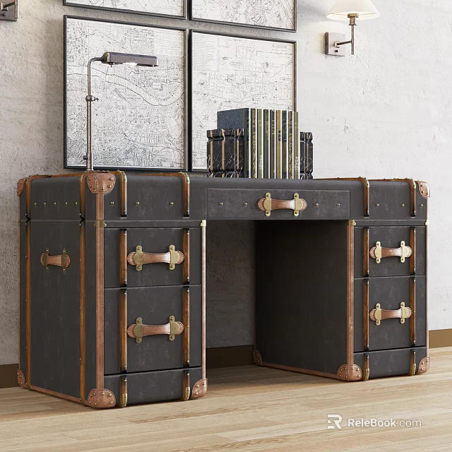 Vintage Desk With Black Leather Surface Brass Hardware Drawers And Map Decoration 3d model 