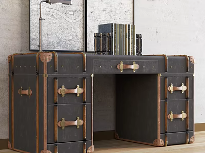 Vintage Desk With Black Leather Surface Brass Hardware Drawers And Map Decoration 3d model