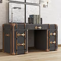 Vintage Desk With Black Leather Surface Brass Hardware Drawers And Map Decoration