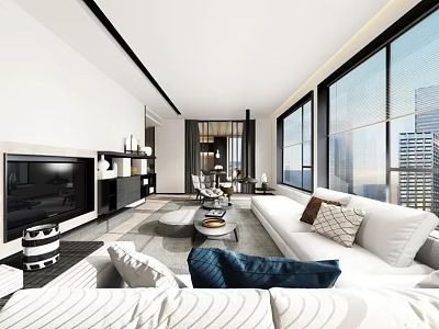 Modern Living Room With White Sofa Blue Pillows Large Windows And City View 3d model