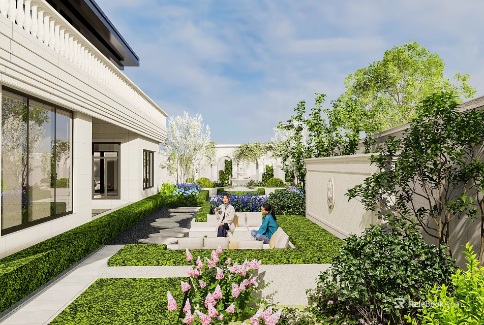Modern Garden Landscape With Trimmed Hedges Lawn Pink Flowers Stone Path And Outdoor Sofas 3d model 