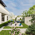 Modern Garden Landscape With Trimmed Hedges Lawn Pink Flowers Stone Path And Outdoor Sofas
