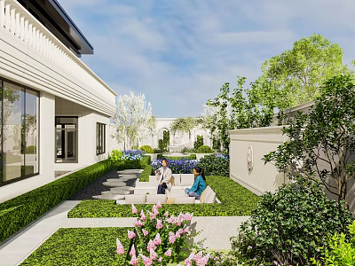 Modern Garden Landscape With Trimmed Hedges Lawn Pink Flowers Stone Path And Outdoor Sofas 3d model