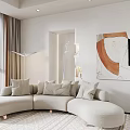 Beige Curved Sectional Sofa in Modern Living Room with Floor Lamp Abstract Painting and Curtains