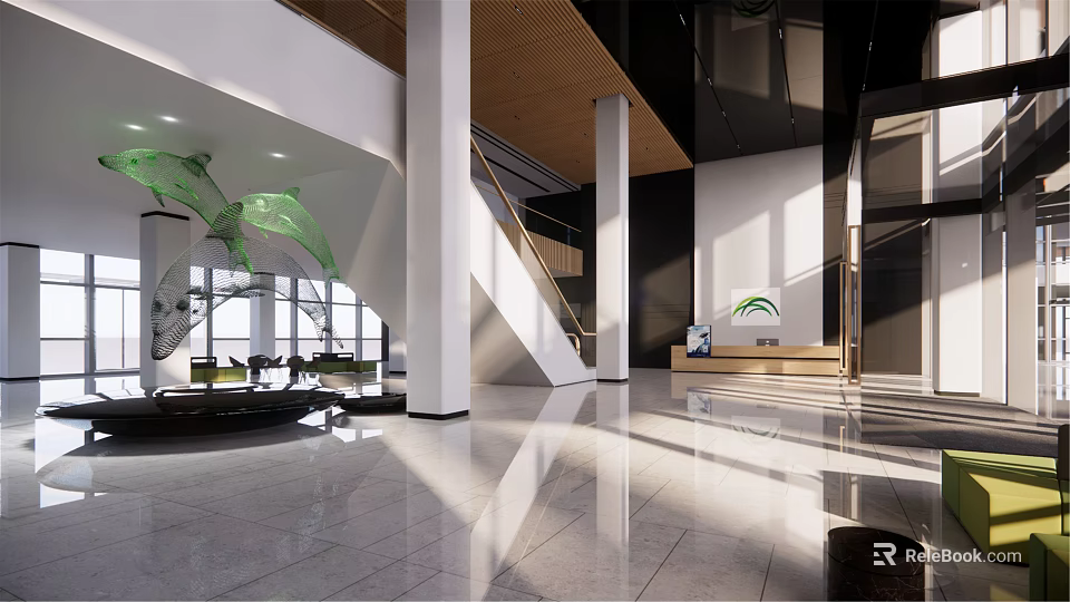 Modern Lobby Front Desk Reception With Marble Flooring And Staircase Design Elements 3d model