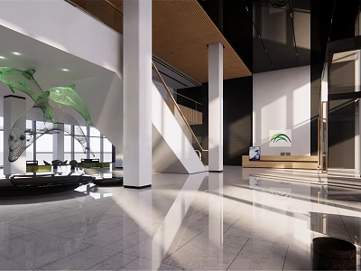 Modern Lobby Front Desk Reception With Marble Flooring And Staircase Design Elements 3d model