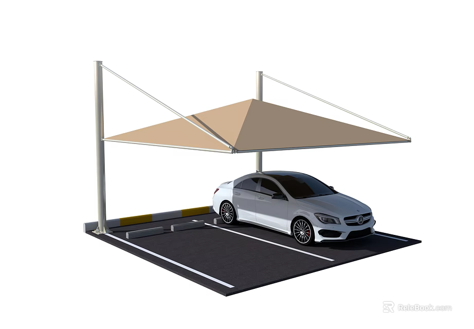 Outdoor Carport with Canvas Roof and Supporting Poles for White Car Parking Space 3d model 