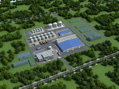 Aerial View of Industrial Plant with Silos Factory Buildings Surrounded by Greenery 3d model