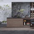 Modern Restaurant Interior With Dark Stone Wall Hanging Lights Bar Counter Blue Chairs And Green Plants