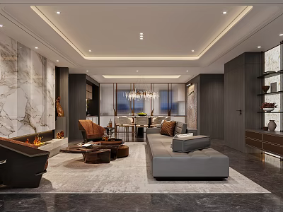 Elegant Modern Living Dining Room Interior With Marble Wall Chandelier And Sofa 3d model