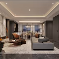 Elegant Modern Living Dining Room Interior With Marble Wall Chandelier And Sofa