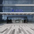 Modern Office Building Exterior With Glass Curtain Walls And Landscaped Entrance Greenery