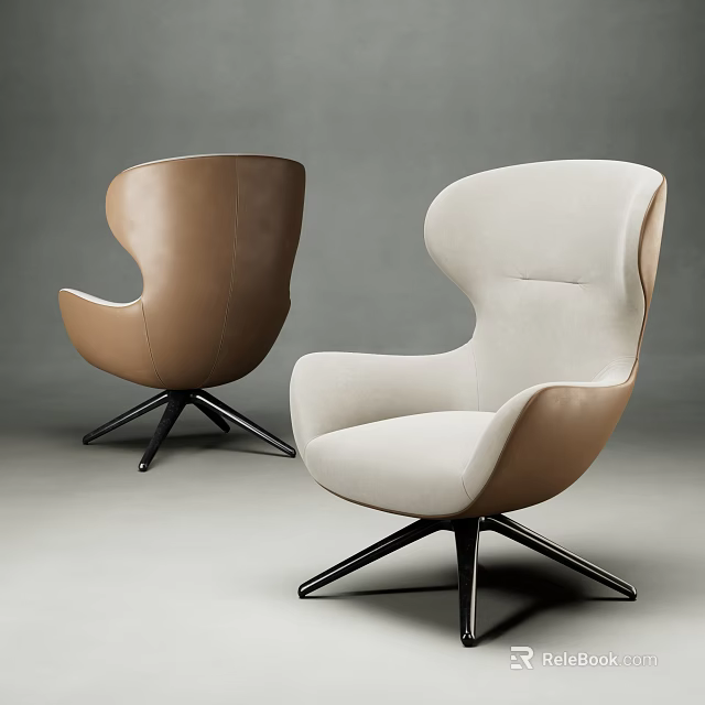 Modern Armchairs in Light Brown and Off White with Curved Backrest Black Metal Radial Legs 3d model 