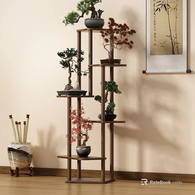 Multi Tiered Wooden Plant Stand With Potted Bonsai Trees And Traditional Decorations 3d model 