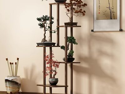 Multi Tiered Wooden Plant Stand With Potted Bonsai Trees And Traditional Decorations 3d model