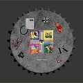 Round Table Scene With Patterned Tablecloth And Colorful Toys Books Stationery