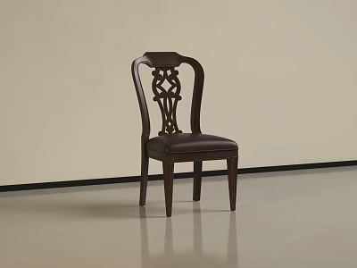 Dark Brown Wooden Accent Chair With Carved Backrest And Dark Leather Seat 3d model