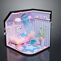 Cute Small Pink And Blue Dollhouse Interior With Star Rug Bed Stuffed Toys Hanging Lamp