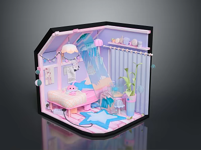 Cute Small Pink And Blue Dollhouse Interior With Star Rug Bed Stuffed Toys Hanging Lamp 3d model