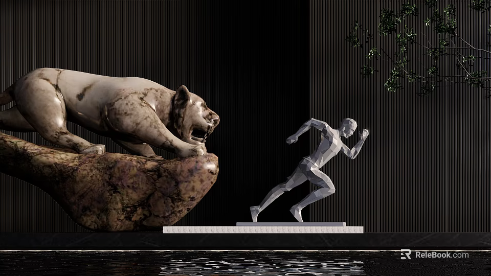 Leopard Sculpture On Rock And Running Human Sculpture With Dark Wall And Water Surface 3d model 