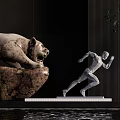 Leopard Sculpture On Rock And Running Human Sculpture With Dark Wall And Water Surface