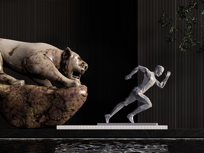 Leopard Sculpture On Rock And Running Human Sculpture With Dark Wall And Water Surface 3d model