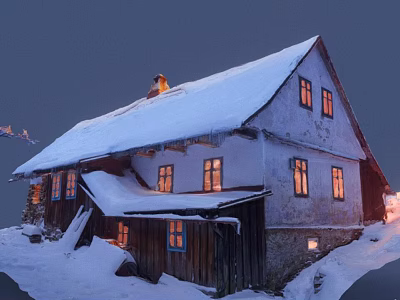 Snow Covered Wooden House With Warm Lights And Winter Night Scene 3d model