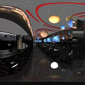 Starry Sky Themed Restaurant Interior With Planet Decorations Large Screen And Seating Area 3d model