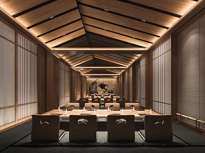 Traditional Japanese Restaurant Interior With Wooden Ceiling Shoji Screens And Tatami Seats 3d model