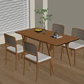 Minimalist Wooden Dining Table Set With Rattan Backrest Chairs And Fruit Plate
