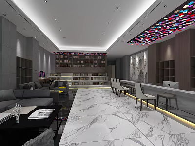 Elegant Hotel Lobby With Marble Floor Sofa Area Bookshelves And Colorful Ceiling 3d model