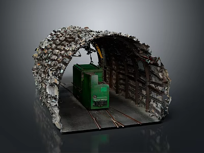 Industrial Rock Covered Arched Structure Interior With Green Machine And Tracks 3d model