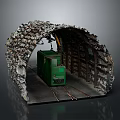 Industrial Rock Covered Arched Structure Interior With Green Machine And Tracks 3d model