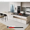 Modern Kitchen Interior Bar Counter Design With Stools And Black Countertop 3d model