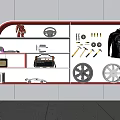 Hardware Tools Display on Organized Shelf with Wheels Wrenches Tool Bags and Measuring Tools