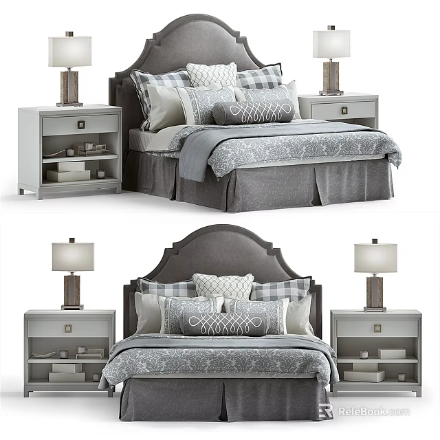 Elegant Modern Double Bed with Bedside Tables Lamps and Decorative Pillows 3d model
