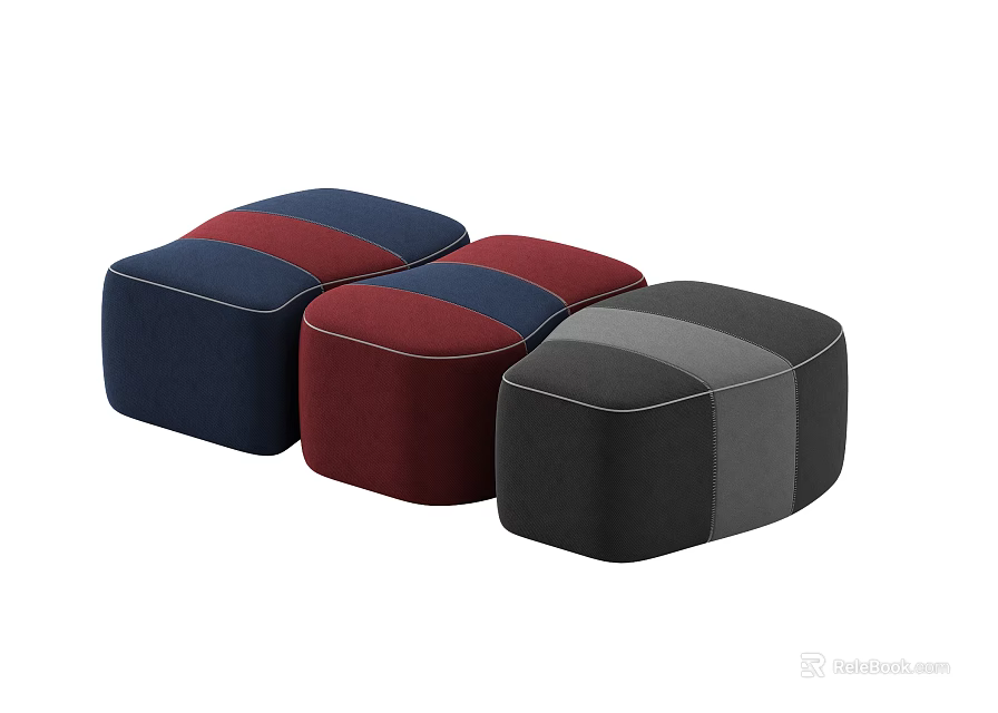 Modern Minimalist Square Shaped Ottoman Set in Navy Blue Burgundy and Charcoal Gray Upholstered Fabric 3d model 