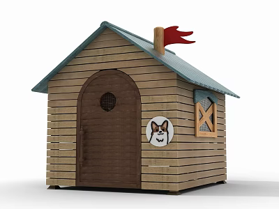 Wooden Dog House Decorative Ornament Set With Blue Roof Red Flag And Dog Head Sticker 3d model