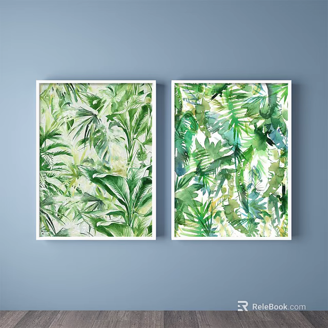 Watercolor Plant Paintings With Green Leaves In White Frames On Light Blue Wall 3d model 