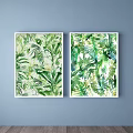 Watercolor Plant Paintings With Green Leaves In White Frames On Light Blue Wall